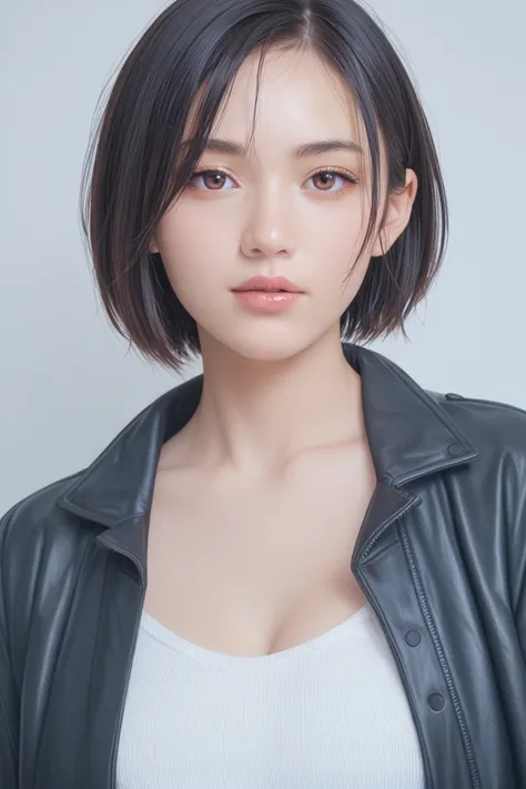 ,score_9,score_8_up,score_7_up, 20 years old, 8k, hd, beautiful girl, black hair, short hair,
1girl, detailed face, beautiful womans face, jacket, white background, looking at viewer,