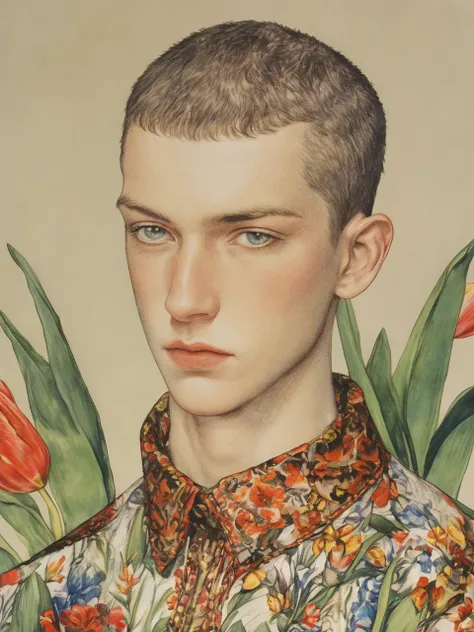 A young person with very short hair,wearing a detailed floral shirt with a high neck. The background is a field of tulips,and their expression is thoughtful and serious,
ddpapa,<lora:Detail_Adamov_V1:0.7>,, masterpiece, best quality,