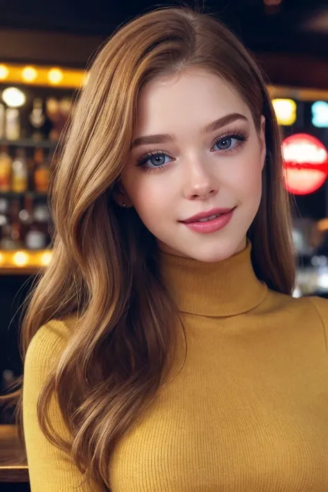 photo of S437_LidiiaFilippova,an attractive woman,in a (bar:1.1),wearing an (orange-turtleneck-dress),(smiling),(4k, RAW photo, best quality, 50mm, depth of field, ultra high res:1.1),(intricate, photorealistic, cinematic-shot, masterpiece, ultra-detailed:...