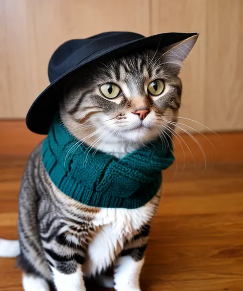 cat in a hat with a scarf looking very dapper