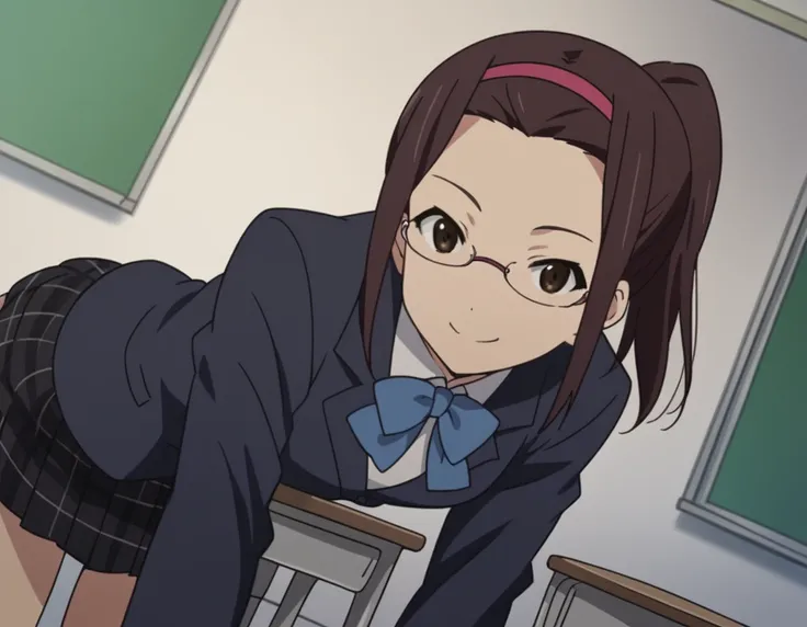 score_9, score_8_up, score_7_up, source_anime,
maikofujishima, <lora:maiko-fujishima-s1-ponyxl-lora-nochekaiser:1>,
maiko fujishima, brown hair, ponytail, hairband, glasses, brown eyes,
skirt, school uniform, jacket, blazer, black skirt, plaid, plaid skirt...