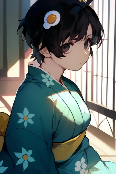 (score_9,score_8_up,score_7_up,),araragi tsukihi,egg hair ornament,short hair,black hair,ahoge,black eyes,green kimono,<lora:yuehuo2:1>,