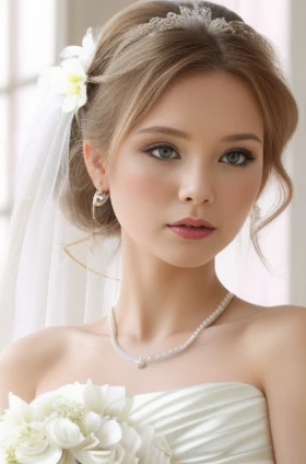 1girl  detail wedding dress, best hair do for wedding, hand bouquet, hold flower bouquet, long white dress,