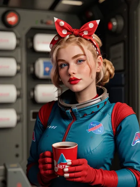 <lora:60sec_v2:1> 60sec, 60parsecs, (DeeDee)++, woman, wearing a teal spacesuit with red elements accents, light blue gloves, blond hair tied with a red and white polka dot ribbon, red lipstick, holding a white cup of coffee with Astro Citizen logo, realis...