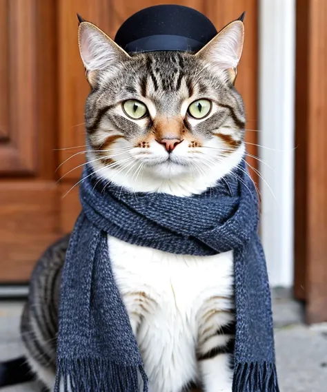 cat in a hat with a scarf looking very dapper