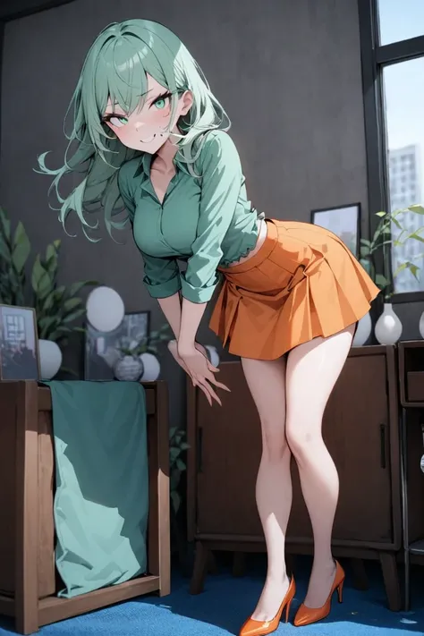 <lora:kksexy:1>,masterpiece,best quality,very aesthetic,absurdres,kk_sexydress,1girl,Seafoam Green shirt,Construction Orange skirt,Standing near a window, bathed in soft natural light,Hunter Blaze Orange high heels,Jealous facial expression,solo,full body,