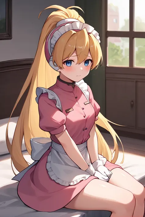 source_anime, score_9, score_8_up, score_7_up, cielbase, solo, headgear, blonde hair, very long hair, ponytail, blue eyes,, pink dress, maid, white gloves, thighs,
BREAK volumetric lighting, blush, indoors, shy
<lora:ciel-step00000800:1>