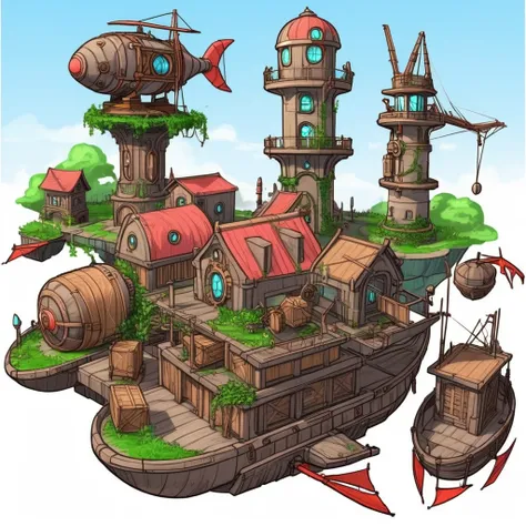 froarch, steampunk dock, fish-shaped airship, cylindrical tower, vines, crates, crane, windsock, small airships, greenery, lighthouse, stone buildings, crates and boxes