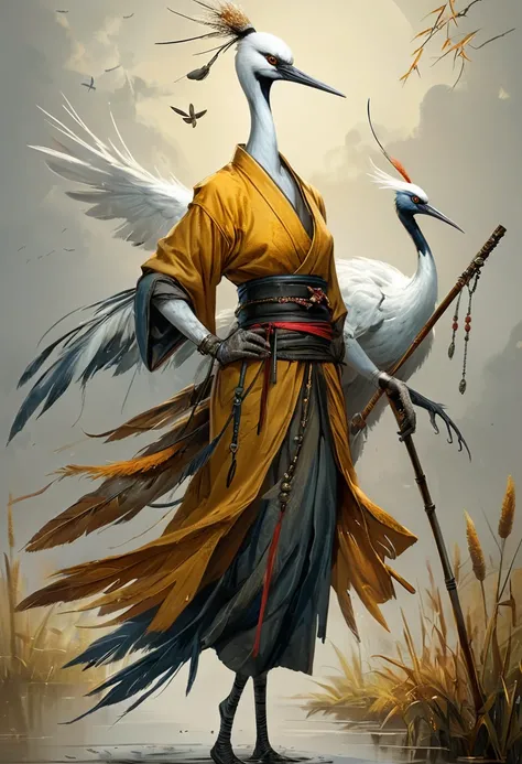 <lora:artfullyCRANEMONK_SDXL_v1:1>, artcrnmnk, character concept, illustration, crane master, monk, 
masterpiece, intricately detailed, best quality, highest resolution, normal fingers, 
dress, nature, bandages, belt, arm behind back, feathers, sarashi, je...