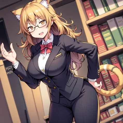 <lora:SlimesTabbyCatGirl-000001:1>, slimes_tabbycat, large breasts, standing upright, cat tail, glasses, business uniform, library background