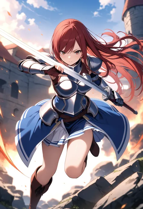 masterpiece, best quality, ultra detailed, very aesthetic,
1girl, erza scarlet, fairy tail, red hair, brown eyes, armor, blue skirt, breastplate, pauldrons, gauntlets, shoulder armor, boots, sword, weapon, holding sword, holding weapon,