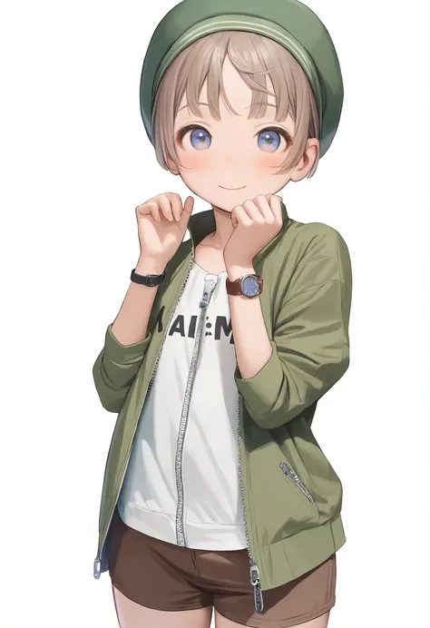 1girl, 
murata range, 
light brown hair, copyright name, closed mouth, open jacket, green headwear, hands up, :d, belt, green jacket, shorts, wristwatch, collarbone, zipper, standing, long sleeves, flat chest, clothes writing, smile, open clothes, looking ...