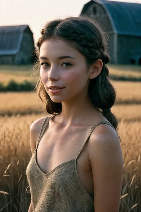 JaneM_SoloTI_v1,
(shy smile,braid),
(In a short dress made of burlap sacks, with playful potato-themed accessories and earthy tones, for a quirky and rustic look), (A windswept field, with tall grasses swaying and a distant barn, an atmosphere of simplicit...