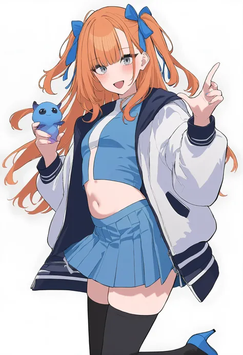 1girl, 
luvluvvox, 
black thighhighs, miniskirt, holding, open clothes, grey background, skirt, blue jacket, open mouth, navel, hair ribbon, white jacket, :d, hands up, orange hair, smile, legs, midriff, full body, high heels, pleated skirt, holding creatu...