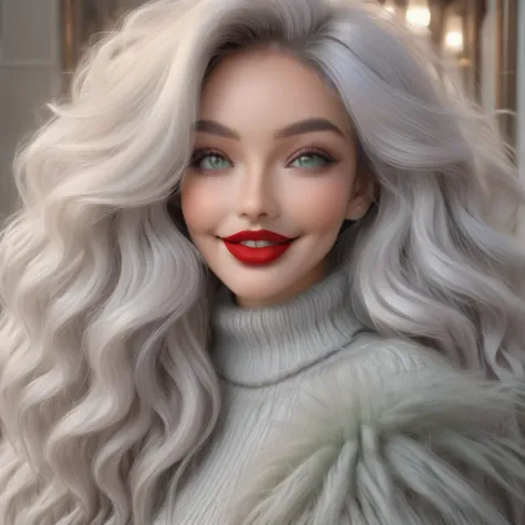 smile, blue eyes, green eyes, sweater, parted lips, grey eyes, white sweater, lipstick, looking at viewer, wavy hair, mohair sweater, turtleneck, white hair