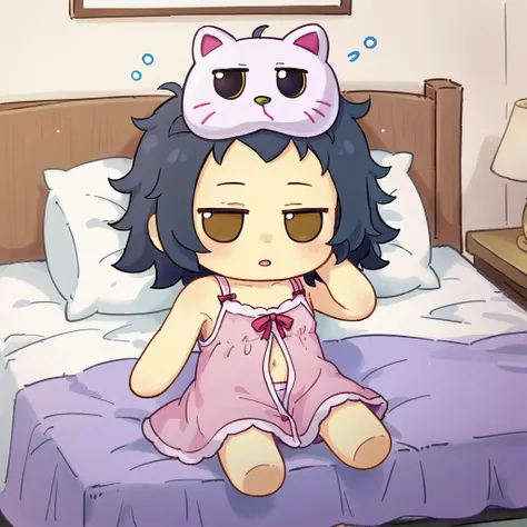 1girl, 
fumo doll, chibi, solo, stomach, hair slicked back, sleepy, half-closed eye, under covers, colored skin, open mouth, on bed, sitting, unworn mask, mask on head, bare legs, light blush, yellow skin, alternate costume, straight-on, messy hair, grey t...