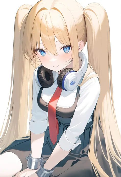 1girl, 
kinty, 
cuffs, long hair, looking at viewer, medium breasts, breasts, hair between eyes, dress, holding, shirt, blonde hair, headphones around neck, sitting, pinafore dress, ribbon, brown hair, very long hair, sleeveless dress, blue eyes, sleeveles...