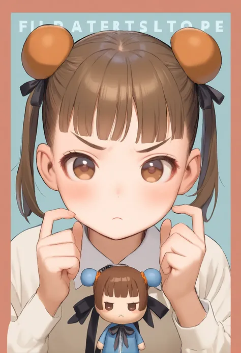 1girl, 
murata range, 
frown, closed mouth, zipper, holding, hair bun, bun cover, shirt, double bun, english text, upper body, blunt bangs, :<, holding doll, collared shirt, looking at viewer, border, solo, hands up, v-shaped eyebrows, ribbon, blush, doll,...