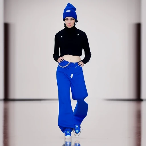 black hair, blue pants, beanie, shoes, black nails, day, white pants, blurry, lips