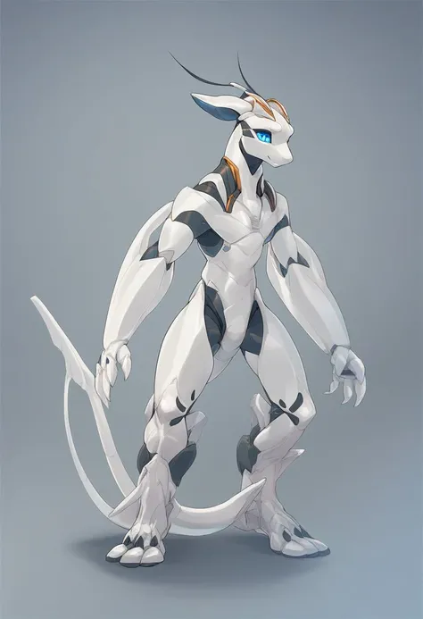 Source:anime, source:cartoon, score_9, score_8_up, score_7_up, score_6_up, score_5_up, score_4_up, (Masterpiece), (best quality), xn-d74, robot, furry male, white skin, mechanical tail, horns, blue eyes, claws,