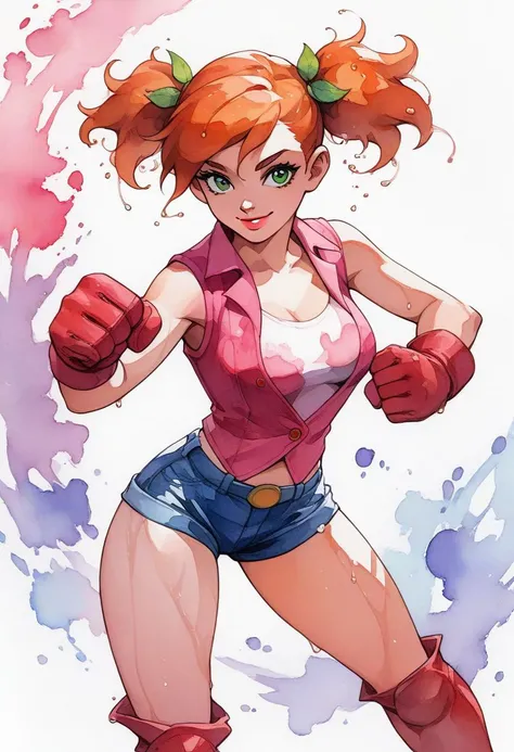 score_9, score_8_up, score_7_up, score_6_up, source_cartoon,Flora, 1girl, female, 21 y.o. female, solo, femenine, wet hair, orange hair, raised short twintails hairstyle,green eyes, pink lips, smile, pink vest, jean shorts, gloves, knee boots, medium breas...