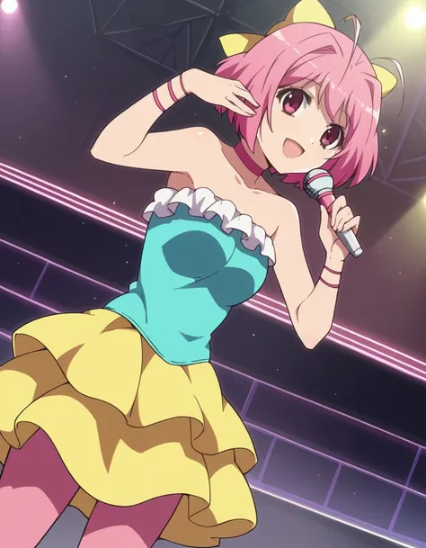 score_9, score_8_up, score_7_up, source_anime,
kanonnakagawa, <lora:kanon-nakagawa-s1s2-ponyxl-lora-nochekaiser:1>,
kanon nakagawa, short hair, pink hair, hair bow, pink eyes, antenna hair,
skirt, pantyhose, boots, choker, idol, pink pantyhose, frills, yel...