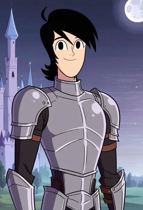 1boy,solo,black hair,smile,black eyes,male focus, knight armor, castle background,moon,looking at viewer