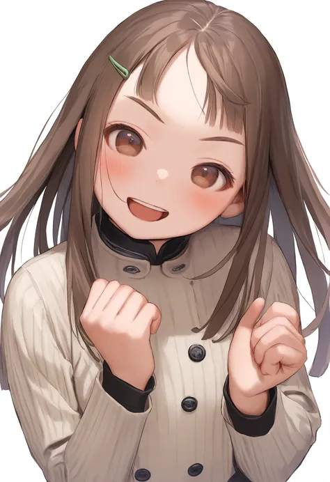 1girl, 
murata range, 
blunt bangs, looking at viewer, flat chest, straight hair, brown eyes, long sleeves, shirt, simple background, buttons, brown hair, teeth, upper body, double-breasted, blush, open mouth, hair ornament, turtleneck, smile, head tilt, :...