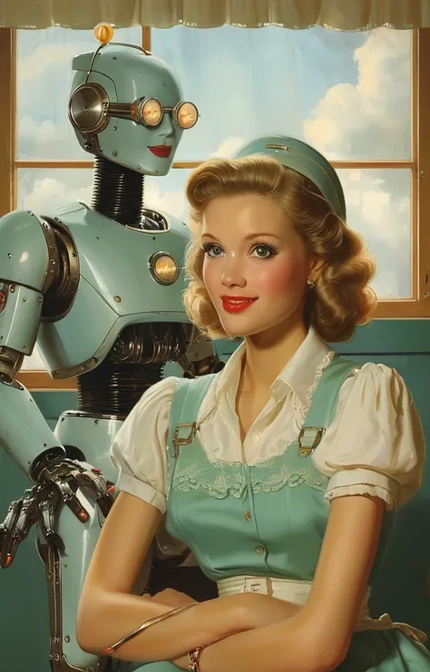 masterpiece,best quality,<lora:tbh210-sdxl:0.9>,illustration,style of Art Frahm, portrait of Housework robots