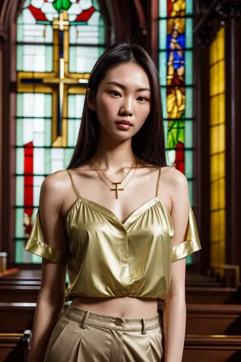 Asian woman, closeup, (shirt), pants, ((inside a church: 1.2), stained glass), gold necklace , KM_akira, wide shoulders, perfect face, (contact iris: 1.1), pale skin, skin pores , depth of field