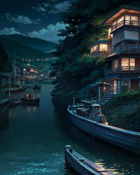 score_9, score_8_up, score_7_up, zPDXL,Shinkaistyle, scenery, watercraft, night, boat, outdoors, sky, tree, building, water, (no humans), still life, dock, high detail <lora:Shinkai_style:0.90>