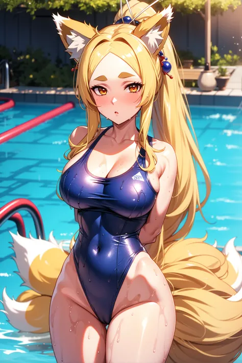 solo, masterpiece, best quality, outdoors, pool, looking at viewer, standing, cowboy shot, :o, closed mouth, yasaka, orange eyes, thick eyebrow, blonde hair, very long hair, parted bangs, ponytail, fox ears, fox tail, multiple tails, hair ornament, hair st...