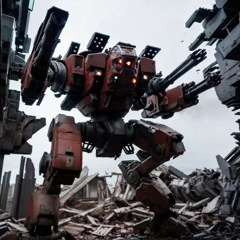 <lora:mecha:1>, 50mm, ISO 1000, 1/250s, natural light, Adobe Lightroom, photograph, highly detailed, mecha, robot, red skin, damaged, day, glass windsheild, outdoors, ruins, battle, size difference, cold light, burning, firing, from below, arm cannon