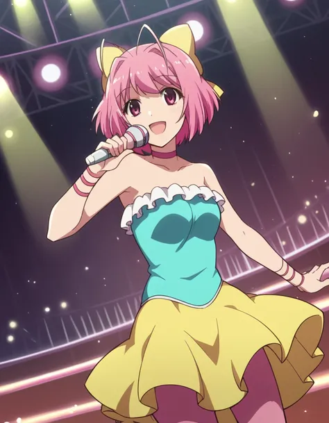 score_9, score_8_up, score_7_up, source_anime,
kanonnakagawa, <lora:kanon-nakagawa-s1s2-ponyxl-lora-nochekaiser:1>,
kanon nakagawa, short hair, pink hair, hair bow, pink eyes, antenna hair,
skirt, pantyhose, boots, choker, idol, pink pantyhose, frills, yel...