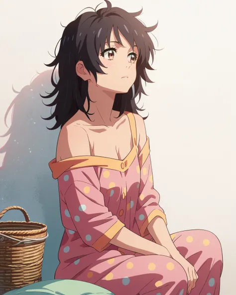 score_9, score_8_up, score_7_up, zPDXL, Shinkaistyle, 1girl, solo, anime coloring, black hair, off shoulder, pajamas, sitting, brown eyes, polka dot, messy hair<lora:Shinkai_style:0.95>