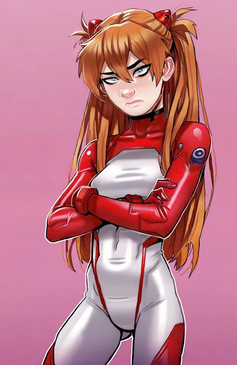 <lora:andava_style4-32:0.7>  1girl, souryuu asuka langley, orange hair, twintails, medium breasts, red plugsuit, looking at viewer, standing, crossed arms, andava_style, source_cartoon, source_anime, score_9, score_8_up, score_7_up, score_6_up, score_5_up,...