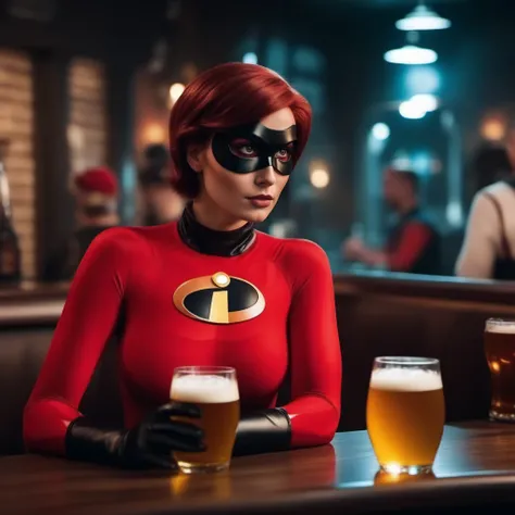 cinematic photo a realisitic woman in a red superherosuit, mask,  have a beer in a pub <lora:Elastigirl1024:0.8> . 35mm photograph, film, bokeh, professional, 4k, highly detailed