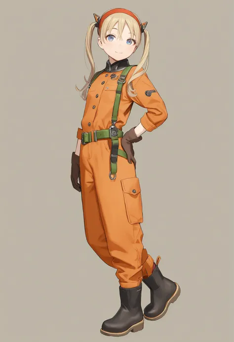 1girl, 
murata range, 
long sleeves, red headband, overalls, looking to the side, blonde hair, black footwear, smile, sidelocks, from side, headband, shirt, simple background, full body, closed mouth, red overalls, belt, brown gloves, gloves, white backgro...