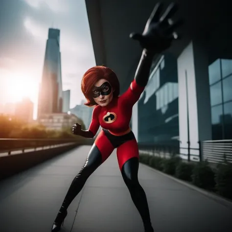 cinematic photo a woman in a red superherosuit, mask, stretch arm, city background <lora:Elastigirl1024:0.8> . 35mm photograph, film, bokeh, professional, 4k, highly detailed