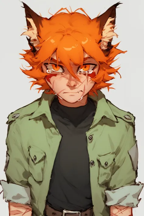 score_9, score_8_up, score_7_up,  <lora:renhana:1>, renhana, 1boy, fox ears, green jacket, black shirt, orange hair, orange eyes, crying, scars, big wounds, gorey background, showing arm to viewer, wrist cutted, self harm, black pants, belt, full body