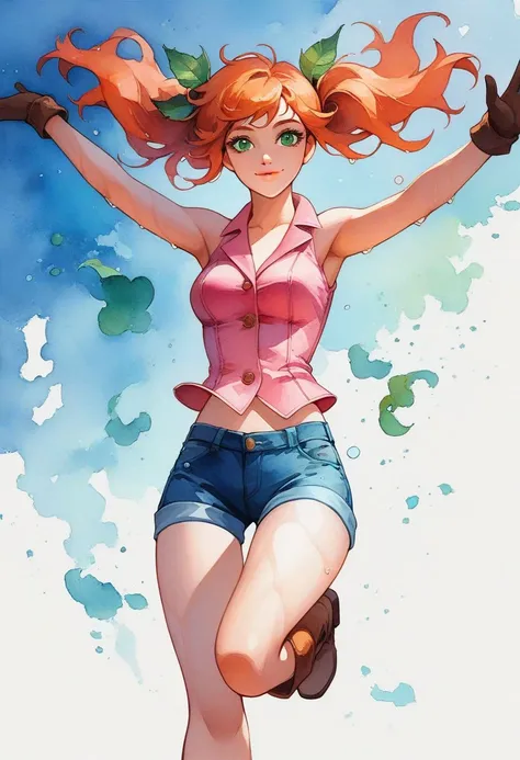 score_9, score_8_up, score_7_up, score_6_up, source_cartoon,Flora, 1girl, female, 21 y.o. female, solo, femenine, wet hair, orange hair, raised short twintails hairstyle,green eyes, pink lips, smile, pink vest, jean shorts, gloves, knee boots, medium breas...