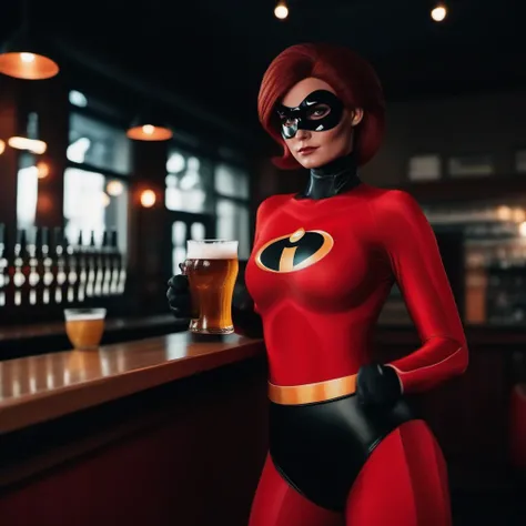 cinematic photo a full body woman in a red superherosuit, wears a mask,  have a beer in a pub <lora:Elastigirl1024:0.8> . 35mm photograph, film, bokeh, professional, 4k, highly detailed