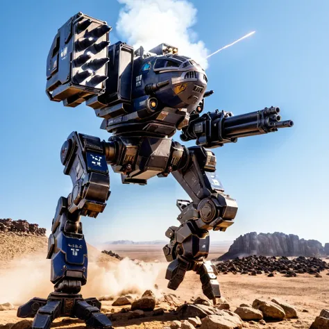 <lora:mecha:1>, photograph, highly detailed, mecha, robot, black skin, day, outdoor, rock, desert, smoke, dust, explosion, size difference, glass windsheild, from below, blue sky, shoulder cannon