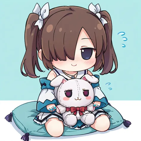 1girl, 
fumo doll, chibi, solo, full-face blush, two-tone background, flying sweatdrops, simple background, stuffed rabbit, smile, looking at viewer, no eyebrows, blue nails, jewelry, twintails, detached sleeves, hair over one eye, sitting, sidelocks, wari...