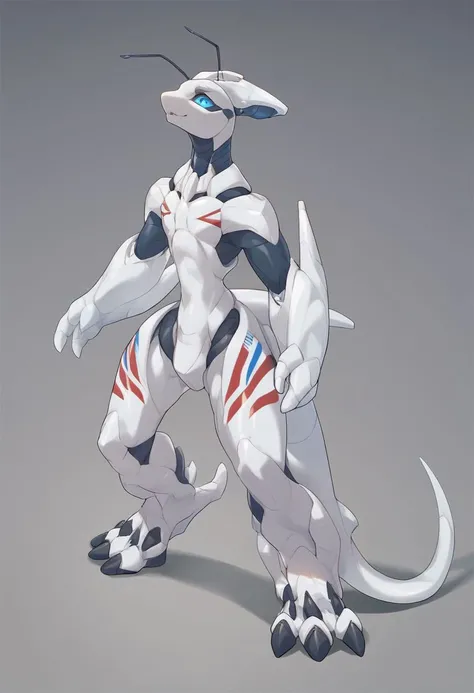 Source:anime, source:cartoon, score_9, score_8_up, score_7_up, score_6_up, score_5_up, score_4_up, (Masterpiece), (best quality), xn-d74, robot, furry male, white skin, mechanical tail, antennas, blue eyes, claws,