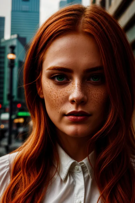 Irish woman, 30 years old, sensual and sexy, exudes a vibrant energy, freckles, ginger hair and captivating green eyes, gracefully navigating the bustling city streets, close-up portrait, detailed, hdr, epic background, line art, digital illustration, comi...