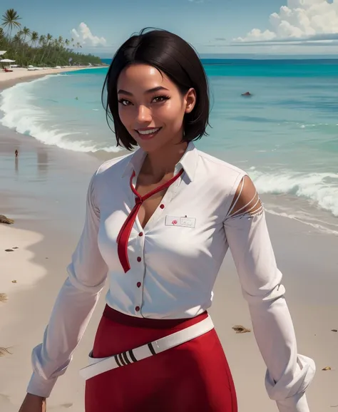 xianmei,brown eyes,black hair,short hair,
white shirt,long sleeves,red skirt,white belt, 
standing,upper body,light smile,
beach resort,
(insanely detailed,  masterpiece, best quality),solo,<lora:xianmei:0.8>,