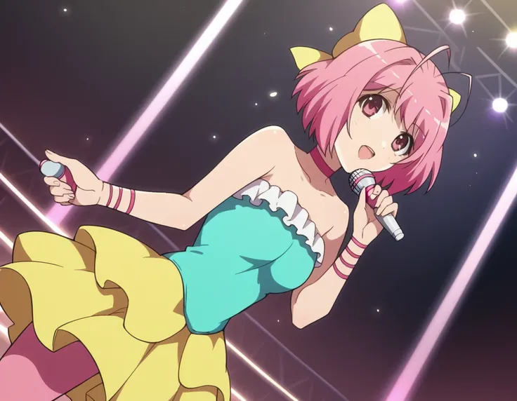 score_9, score_8_up, score_7_up, source_anime,
kanonnakagawa, <lora:kanon-nakagawa-s1s2-ponyxl-lora-nochekaiser:1>,
kanon nakagawa, short hair, pink hair, hair bow, pink eyes, antenna hair,
skirt, pantyhose, boots, choker, idol, pink pantyhose, frills, yel...