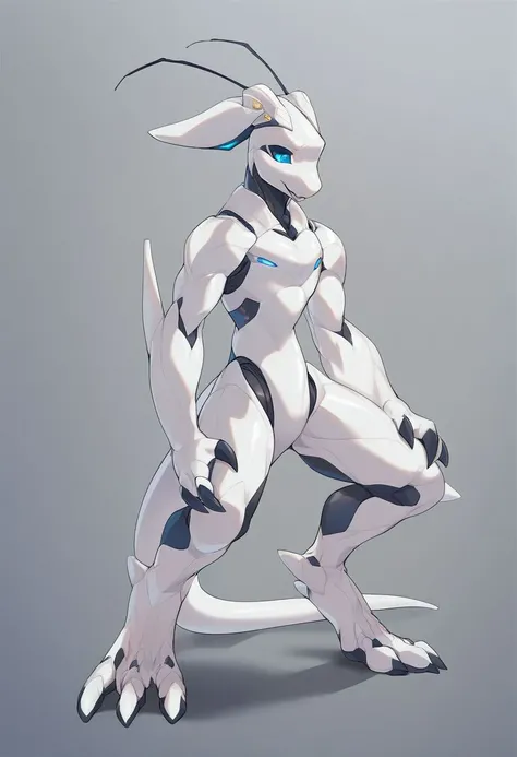 Source:anime, source:cartoon, score_9, score_8_up, score_7_up, score_6_up, score_5_up, score_4_up, (Masterpiece), (best quality), xn-d74, robot, furry male, white skin, mechanical tail, antennas, blue eyes, claws,