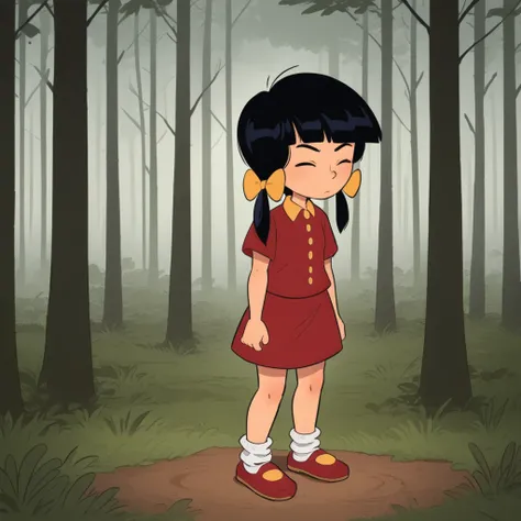 score_7_up, BREAK, source_cartoon, ChenYauping, 1girl, solo, black hair, twin tails, hair bow,  closed eyes, collared red shirt, yellow Lapel, red skirt, short sleeves, white socks, <lora:Chen_Cedric_XL_Leaf2:1>, full body,   ,standing, forest,